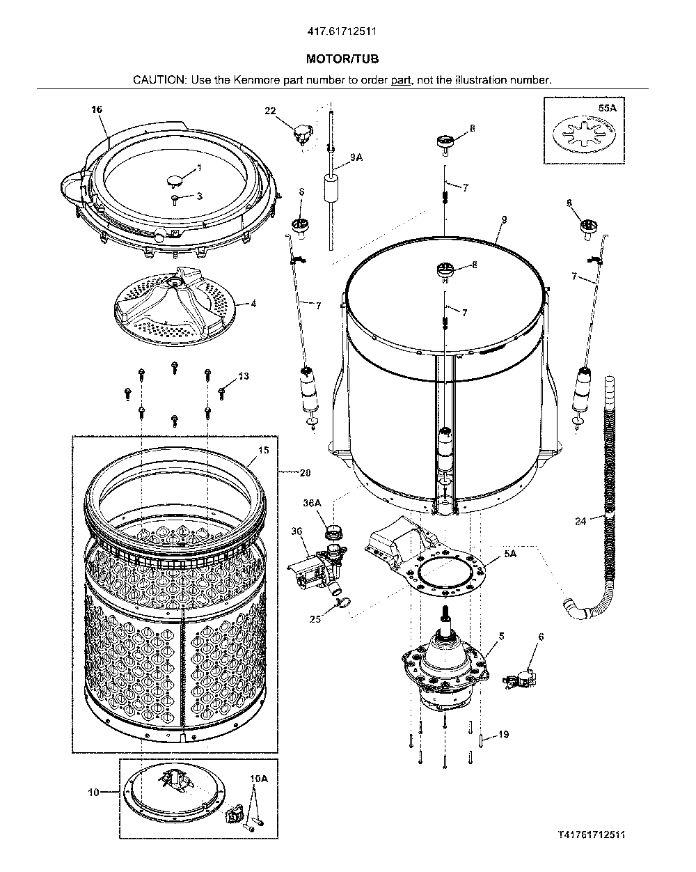 Motor/Tub Diagram and Parts List for 41761712511  Kenmore Washer Dryer Combo