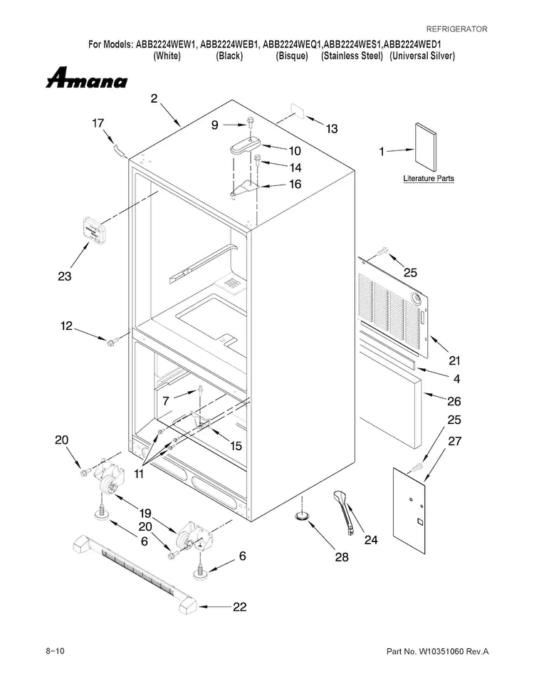 Cabinet Parts Diagram and Parts List for ABB2224WES1  Amana Refrigerator