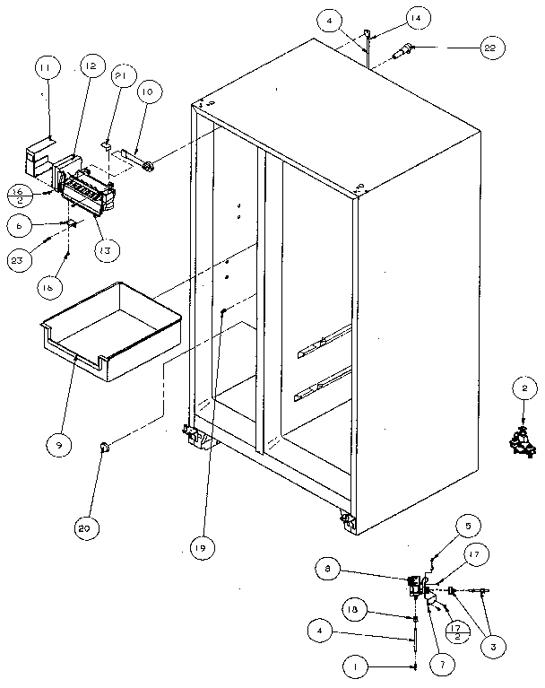 Rollers And Back Unit Diagram and Parts List for 36048-P1122102W  Amana Refrigerator