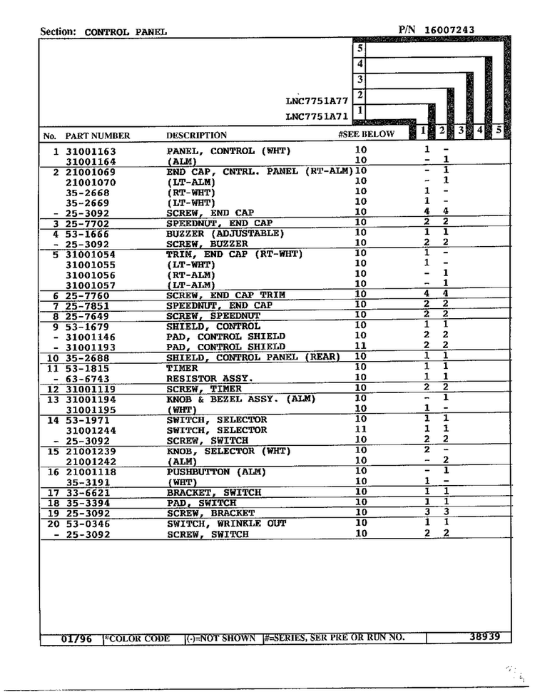 Control Panel Page 2 Diagram and Parts List for 7751A77  Norge Dryer