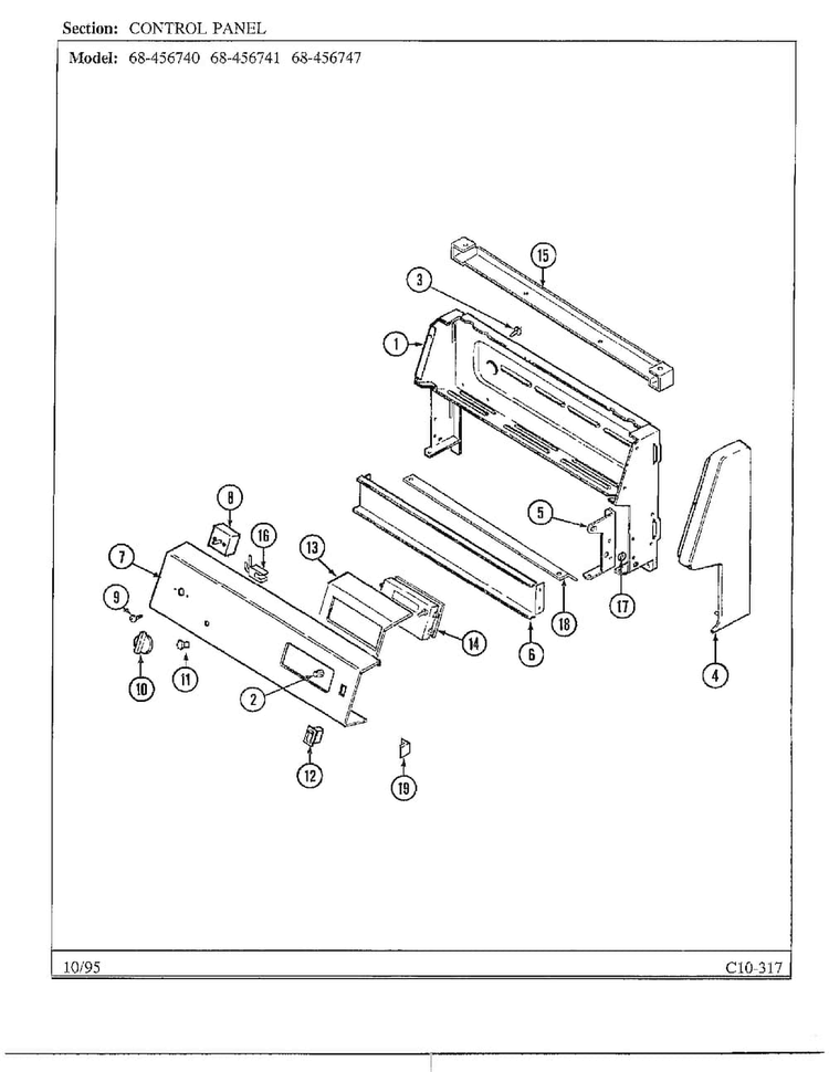 Control Panel Diagram and Parts List for 68-4567-40  Magic Chef Range