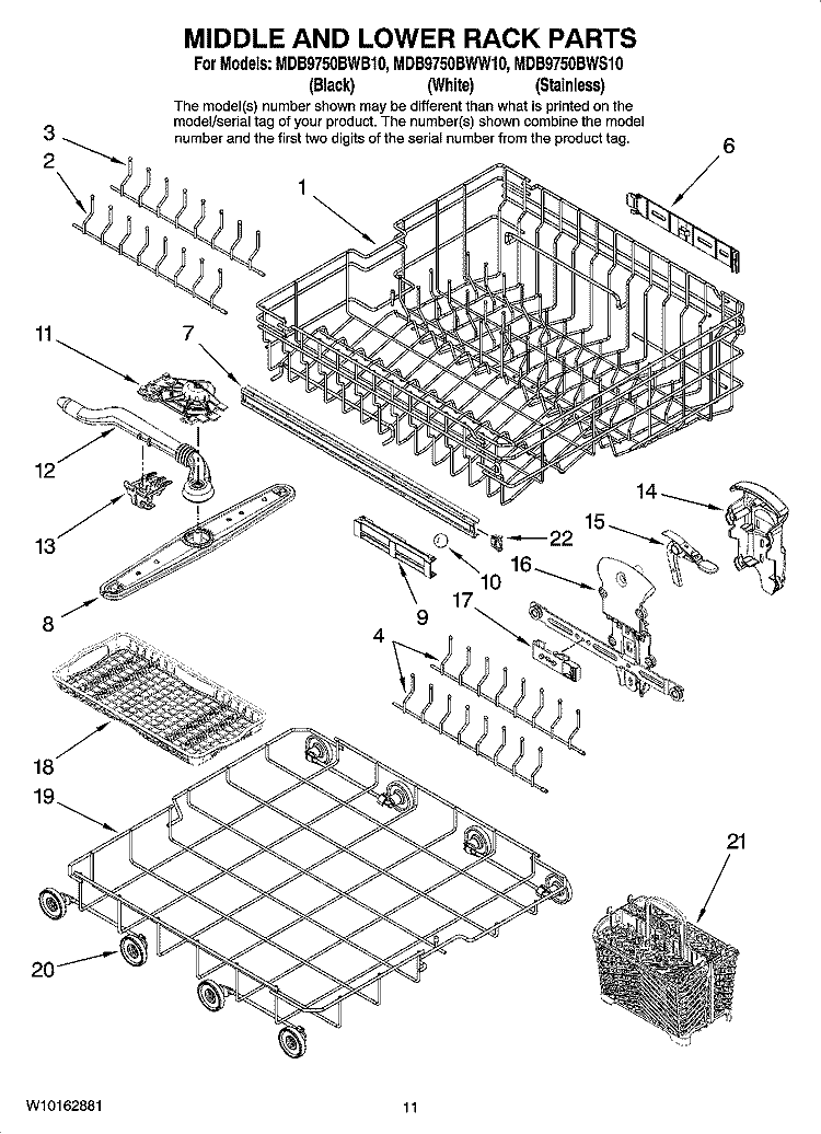 MIDDLE AND LOWER RACK PARTS Diagram and Parts List for MDB9750BWW10  Maytag Dishwasher