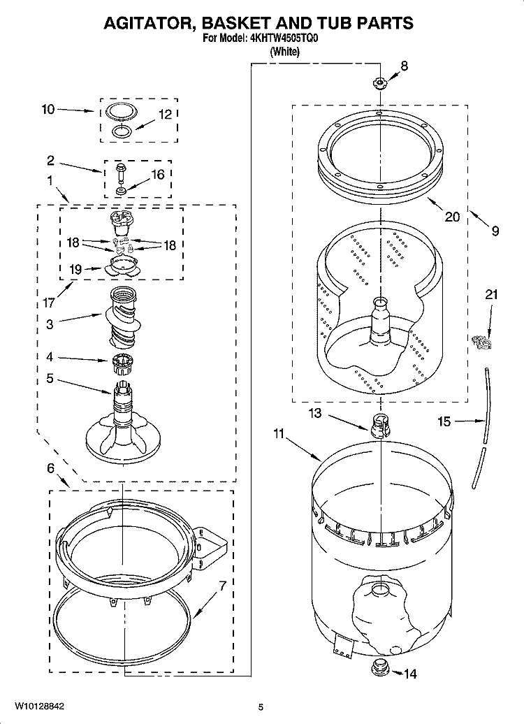 AGITATOR, BASKET AND TUB PARTS Diagram and Parts List for 4KHTW4505TQ0  Magic Chef Washer