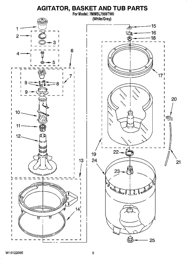 AGITATOR, BASKET AND TUB PARTS Diagram and Parts List for 7MMSL7959TW0  Maytag Washer