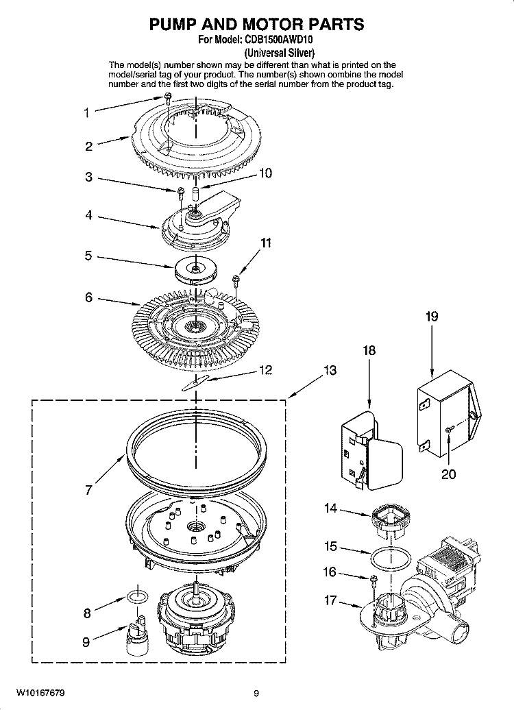 PUMP AND MOTOR PARTS Diagram and Parts List for CDB1500AWD10  Magic Chef Dishwasher