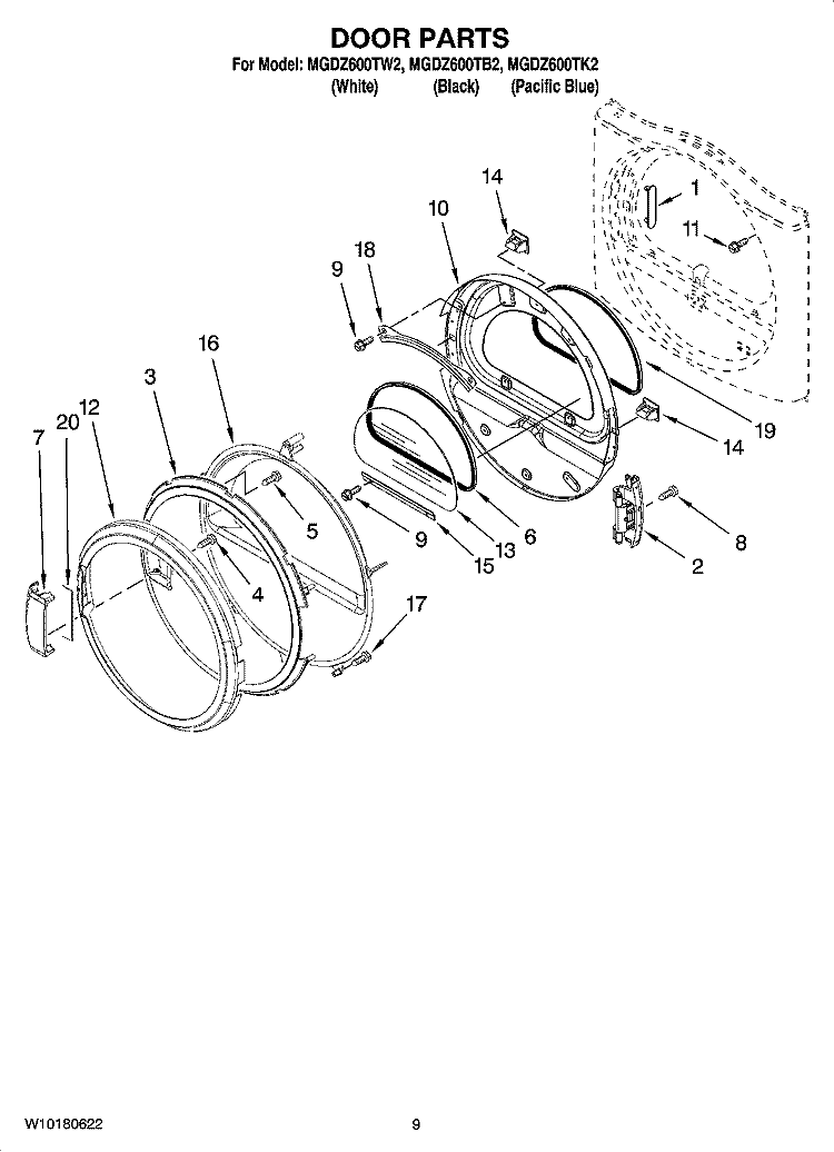 DOOR PARTS, OPTIONAL PARTS (NOT INCLUDED) Diagram and Parts List for MGDZ600TK2  Maytag Dryer