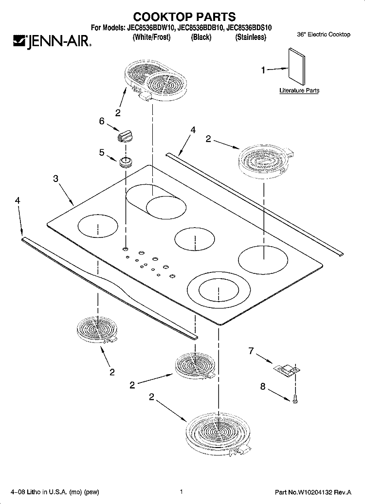 COOKTOP PARTS Diagram and Parts List for JEC8536BDW10  Jenn-Air Cooktop