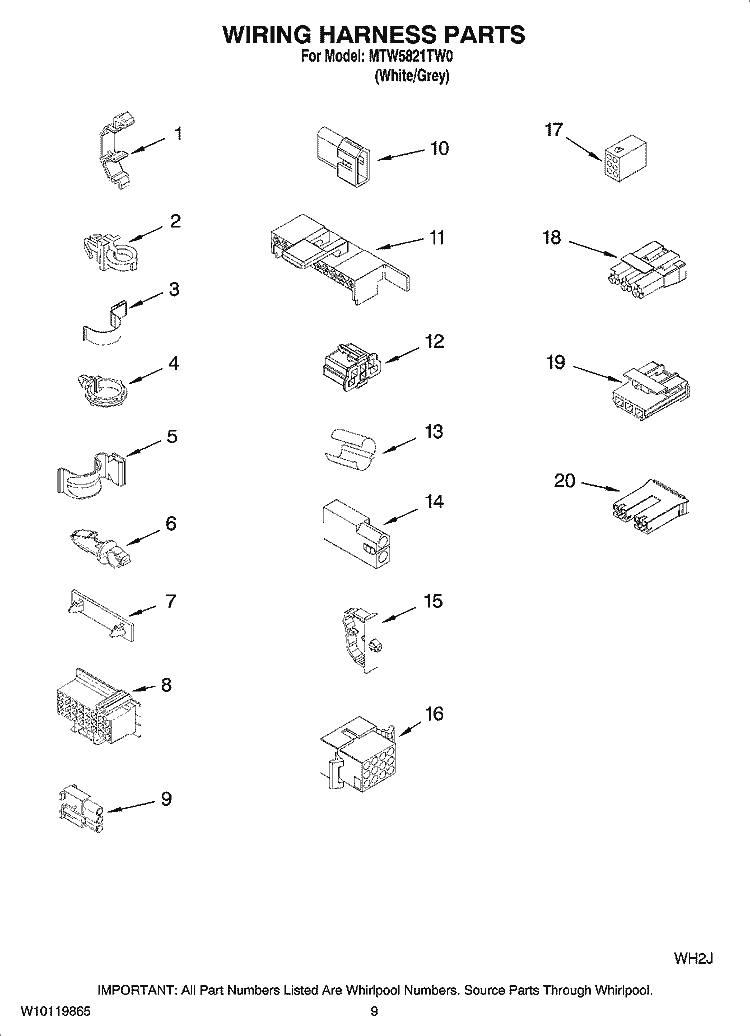 WIRING HARNESS PARTS Diagram and Parts List for MTW5821TW0  Maytag Washer
