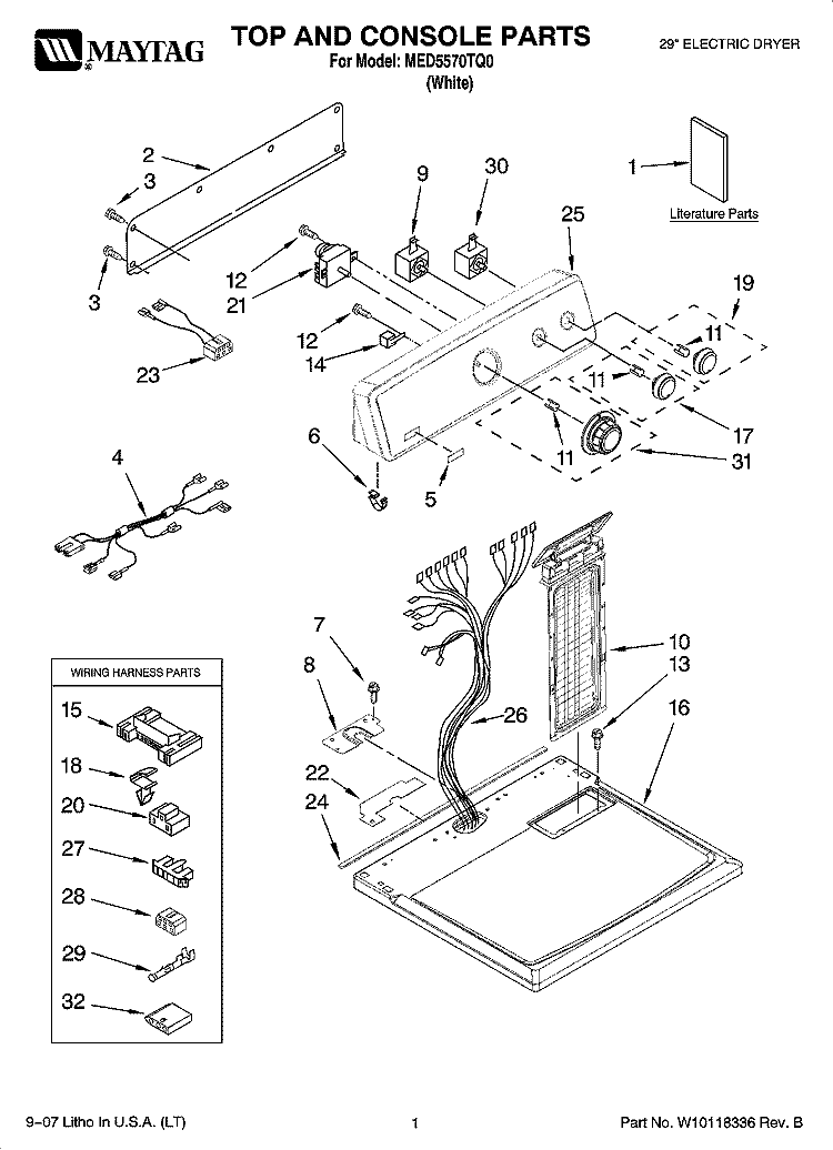 TOP AND CONSOLE PARTS Diagram and Parts List for MED5570TQ0  Maytag Dryer