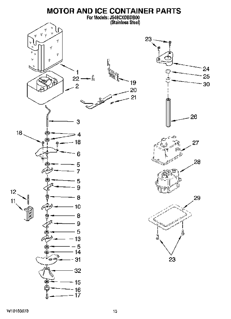 MOTOR AND ICE CONTAINER PARTS Diagram and Parts List for JS48CXDBDB00  Jenn-Air Refrigerator