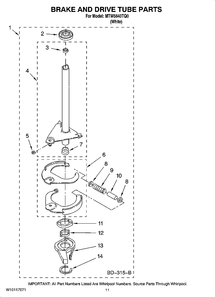 BRAKE AND DRIVE TUBE PARTS Diagram and Parts List for MTW5640TQ0  Maytag Washer