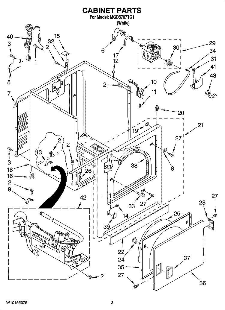 CABINET PARTS Diagram and Parts List for MGD5707TQ1  Maytag Dryer