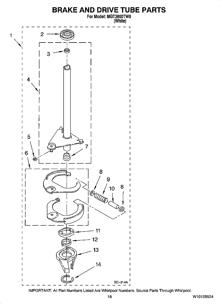 BRAKE AND DRIVE TUBE PARTS Diagram and Parts List for MGT3800TW0  Maytag Washer Dryer Combo