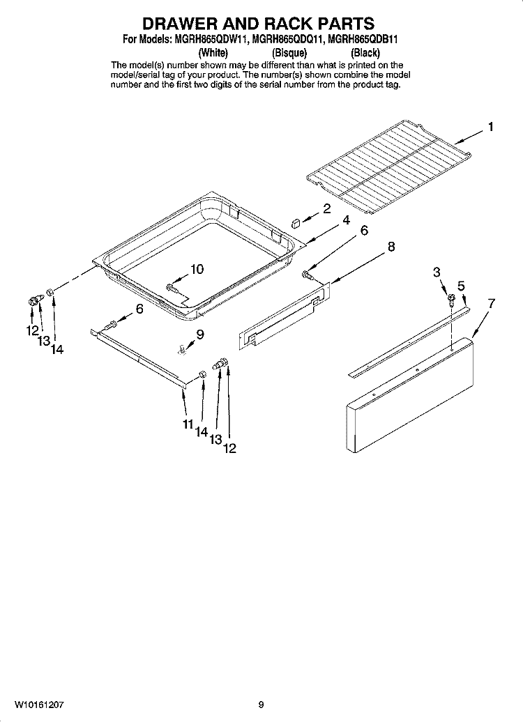 DRAWER AND RACK PARTS, OPTIONAL PARTS (NOT INCLUDED) Diagram and Parts List for MGRH865QDB11  Maytag Range