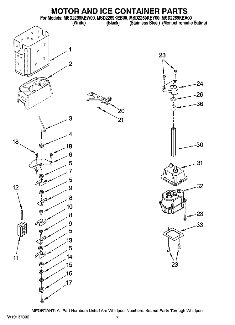 MOTOR AND ICE CONTAINER PARTS Diagram and Parts List for MSD2269KEA00  Maytag Refrigerator