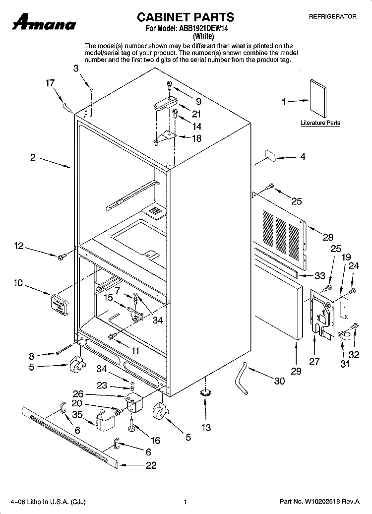 CABINET PARTS Diagram and Parts List for ABB1921DEW14  Amana Refrigerator