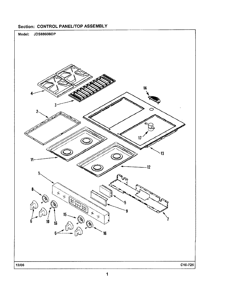 CONTROL PANEL / TOP ASSEMBLY Diagram and Parts List for JDS8860BDP  Jenn-Air Range