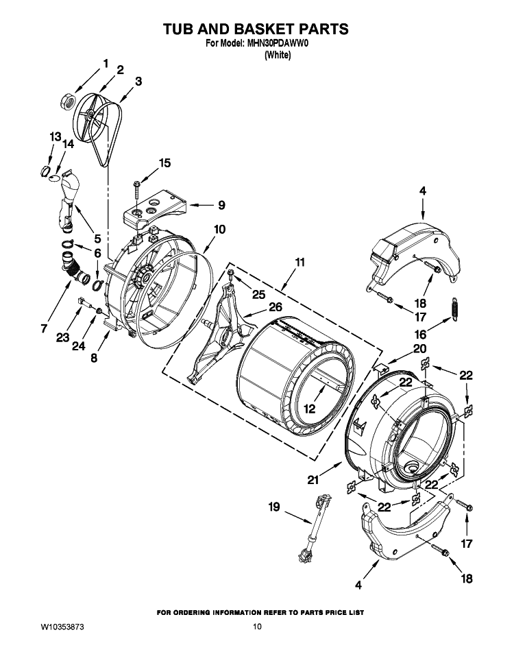 TUB AND BASKET PARTS Diagram and Parts List for MHN30PDAWW0  Maytag Washer