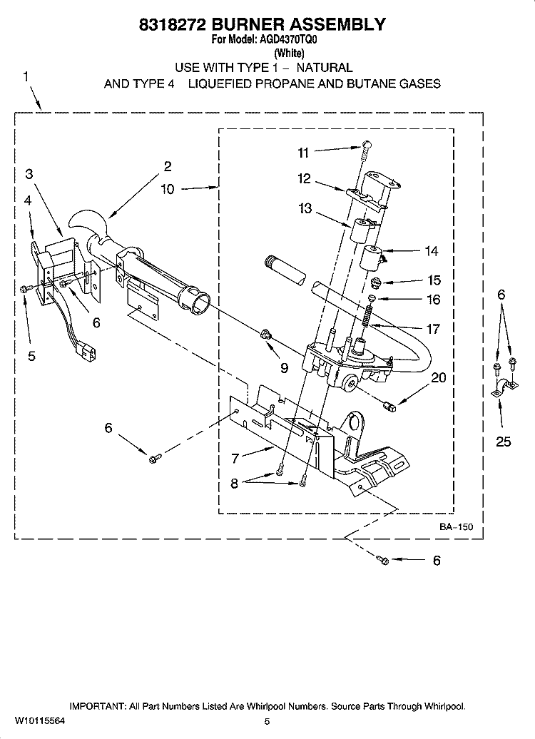 8318272 BURNER ASSEMBLY Diagram and Parts List for AGD4370TQ0  Admiral Dryer