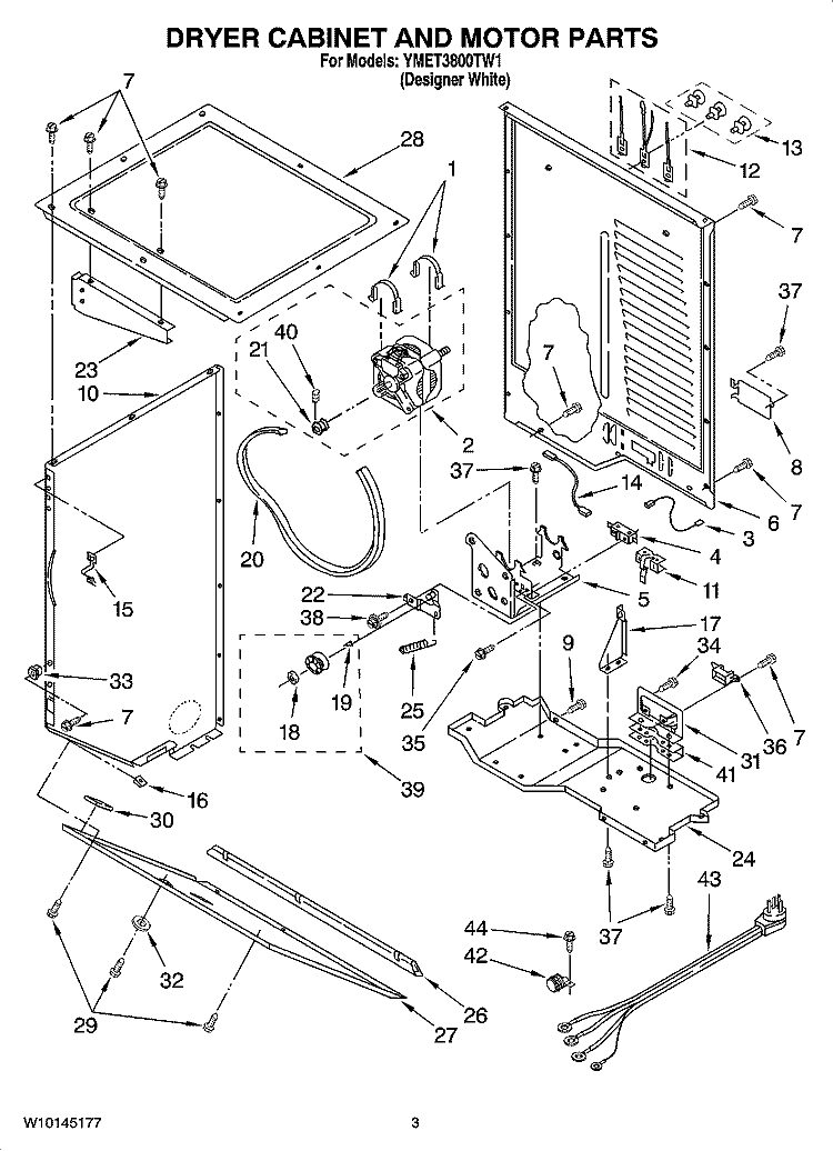 DRYER CABINET AND MOTOR PARTS Diagram and Parts List for YMET3800TW1  Maytag Washer Dryer Combo