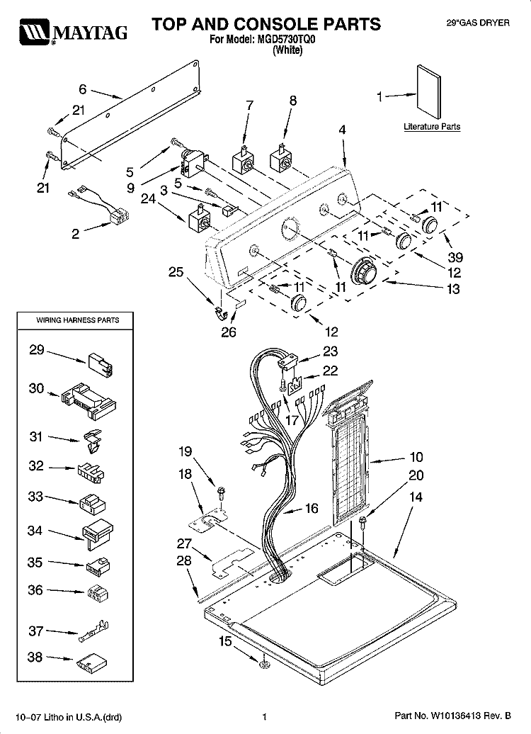 TOP AND CONSOLE PARTS Diagram and Parts List for MGD5730TQ0  Maytag Dryer