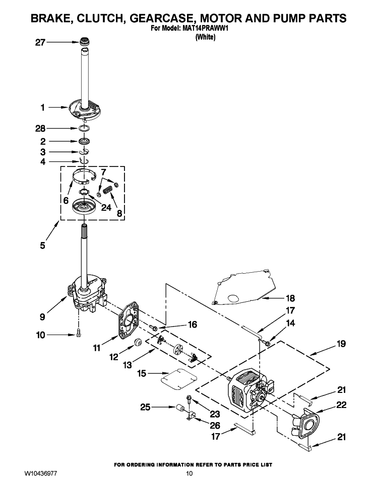BRAKE, CLUTCH, GEARCASE, MOTOR AND PUMP PARTS Diagram and Parts List for MAT14PRAWW1  Maytag Washer