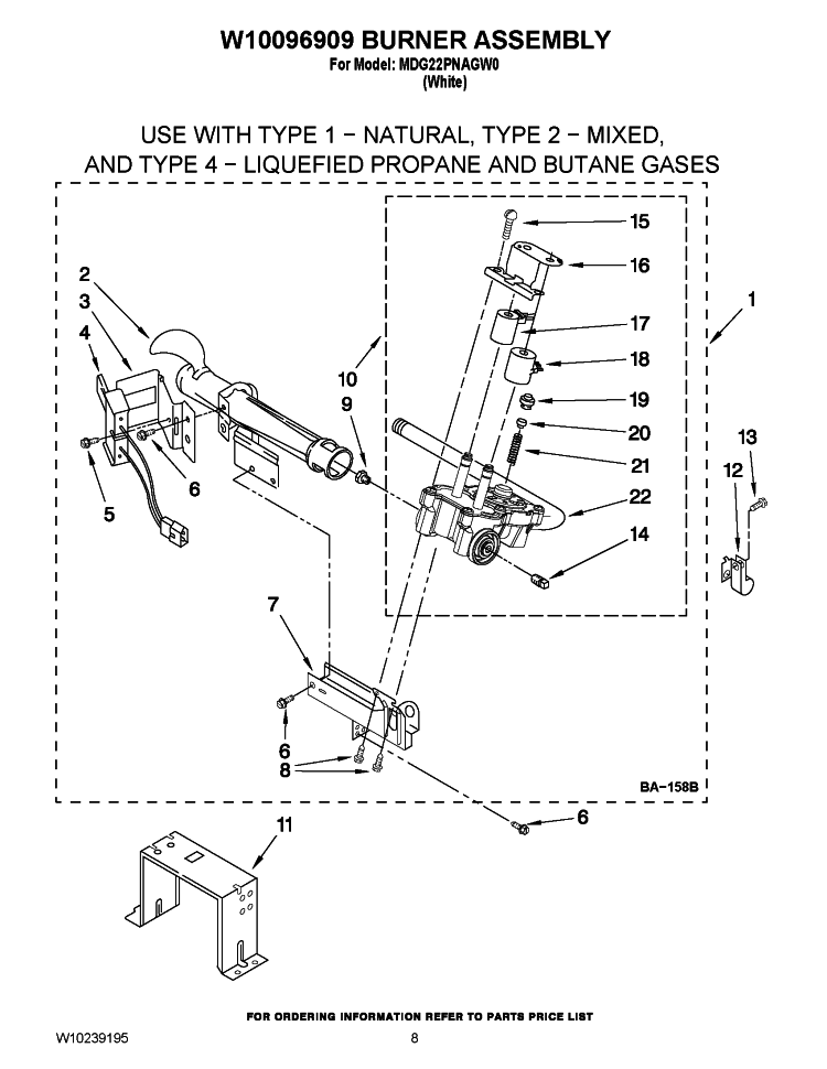W10096909 BURNER ASSEMBLY Diagram and Parts List for MDG22PNAGW0  Maytag Dryer