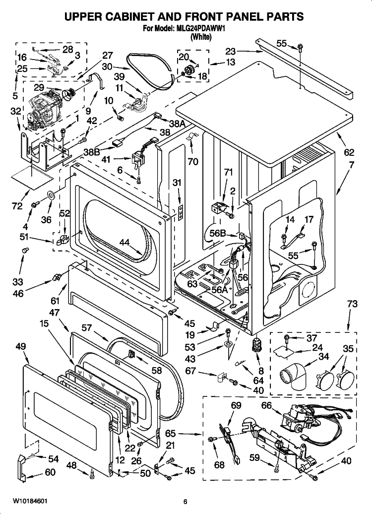 UPPER CABINET AND FRONT PANEL PARTS Diagram and Parts List for MLG24PDAWW1  Maytag Dryer