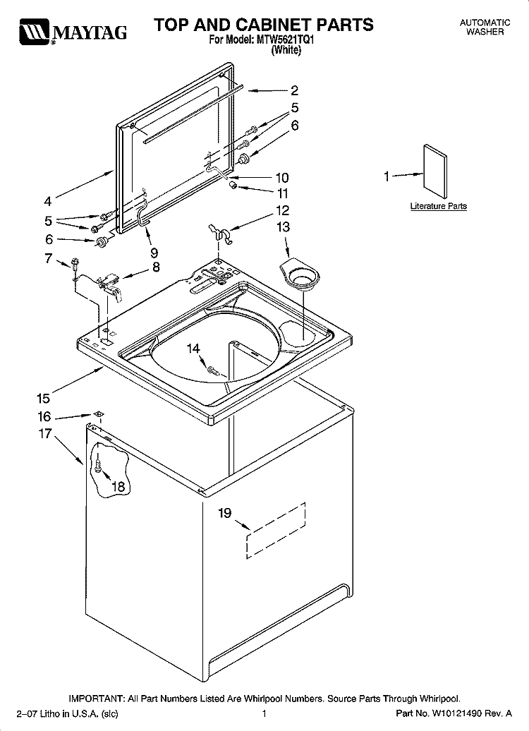 TOP AND CABINET PARTS Diagram and Parts List for MTW5621TQ1  Maytag Washer