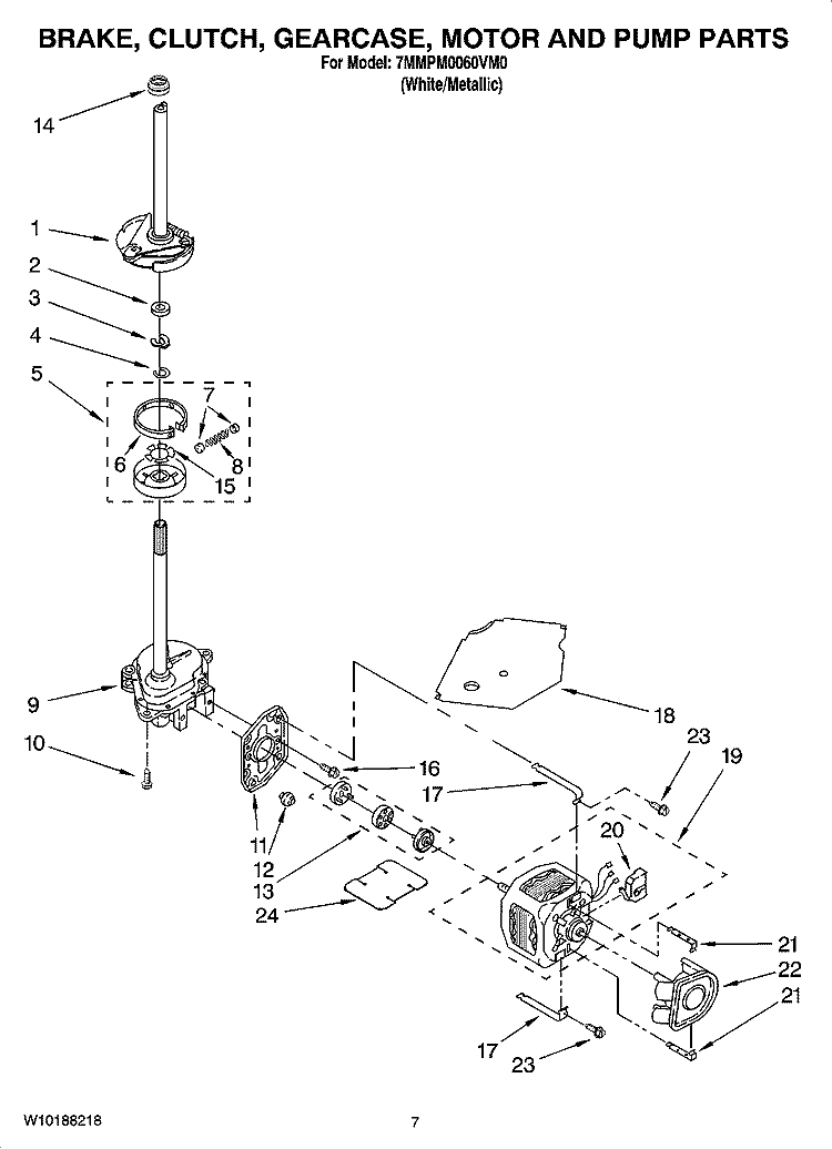 BRAKE, CLUTCH, GEARCASE, MOTOR AND PUMP PARTS Diagram and Parts List for 7MMPM0060VM0  Maytag Washer