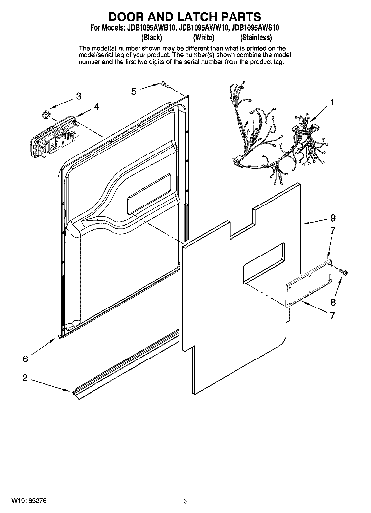 DOOR AND LATCH PARTS Diagram and Parts List for JDB1095AWB10  Jenn-Air Dishwasher