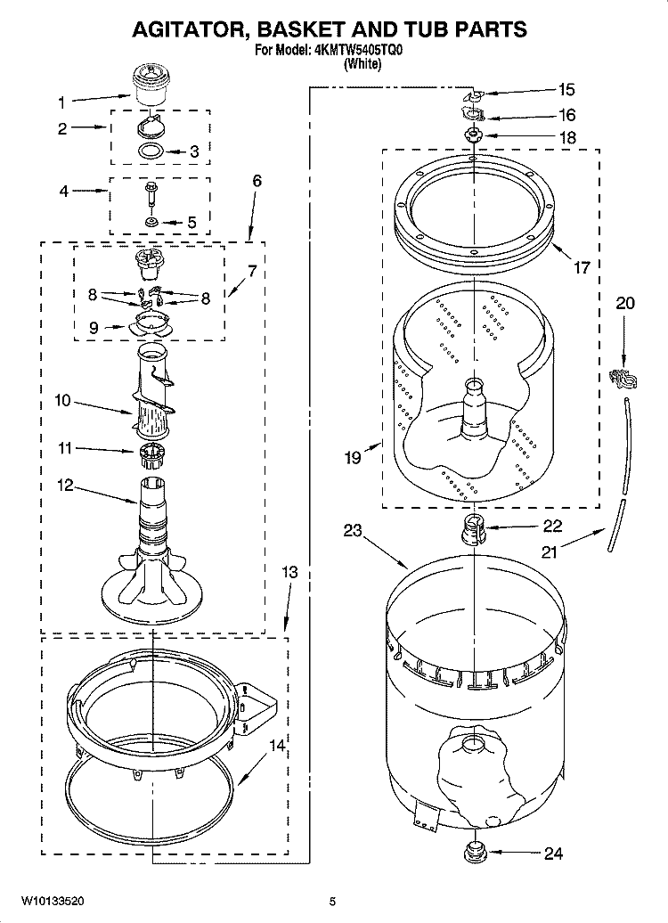 AGITATOR, BASKET AND TUB PARTS Diagram and Parts List for 4KMTW5405TQ0  Maytag Washer
