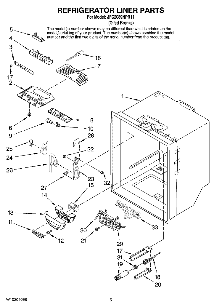 REFRIGERATOR LINER PARTS Diagram and Parts List for JFC2089HPR11  Jenn-Air Refrigerator