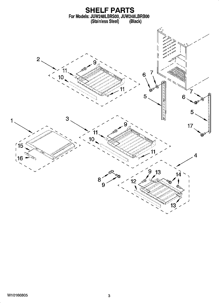 SHELF PARTS Diagram and Parts List for JUW248LBRS00  Jenn-Air Wine and Beverage Cooler