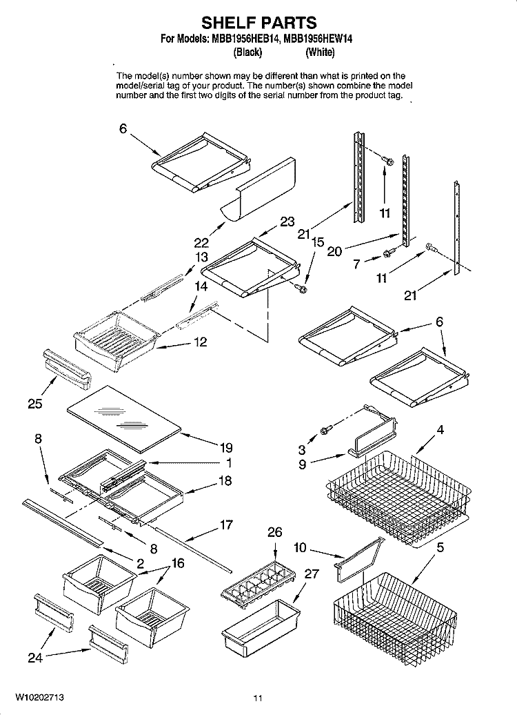 SHELF PARTS, OPTIONAL PARTS Diagram and Parts List for MBB1956HEW14  Maytag Refrigerator