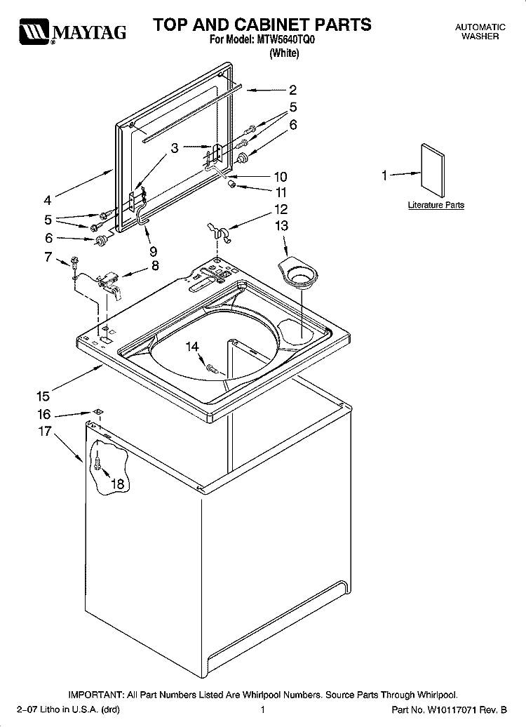 TOP AND CABINET PARTS Diagram and Parts List for MTW5640TQ0  Maytag Washer