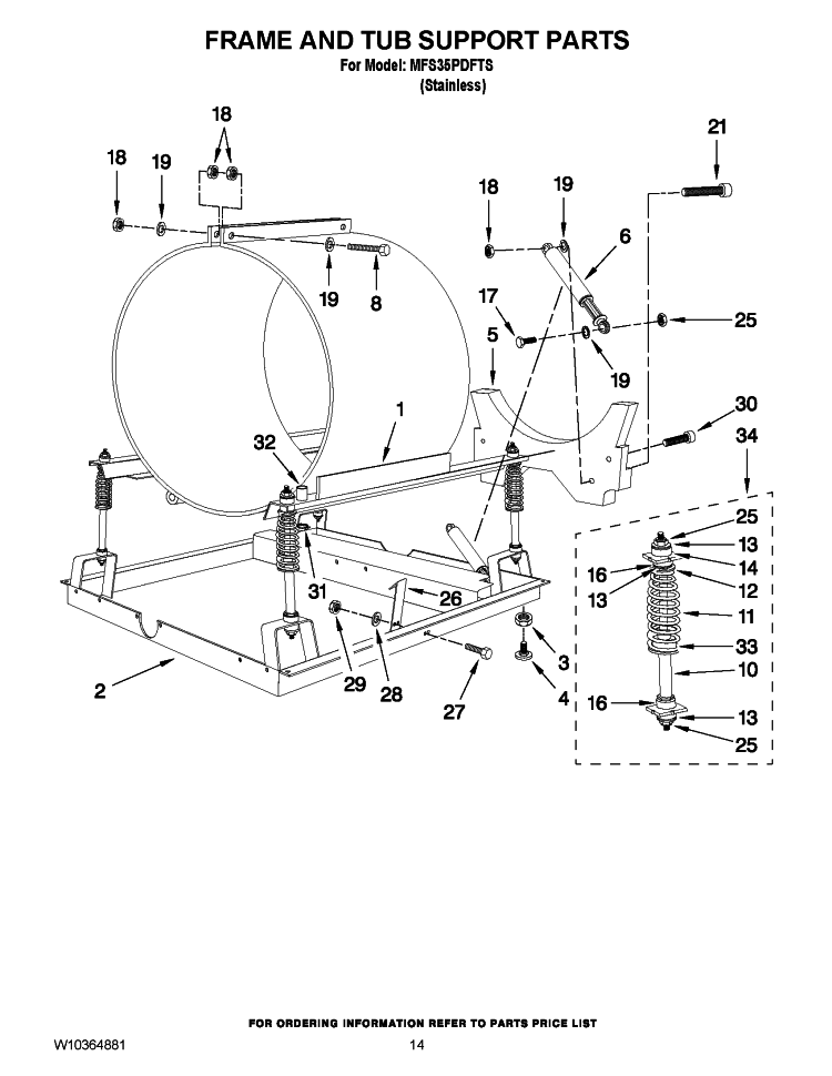 FRAME AND TUB SUPPORT PARTS Diagram and Parts List for MFS35PDFTS  Maytag Washer