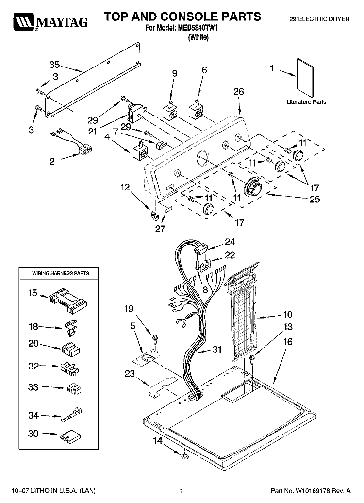 TOP AND CONSOLE PARTS Diagram and Parts List for MED5840TW1  Maytag Dryer