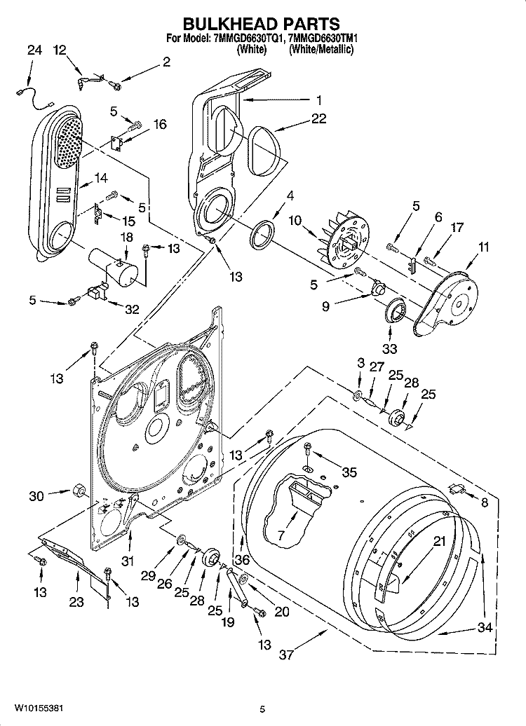 BULKHEAD PARTS Diagram and Parts List for 7MMGD6630TQ1  Maytag Dryer
