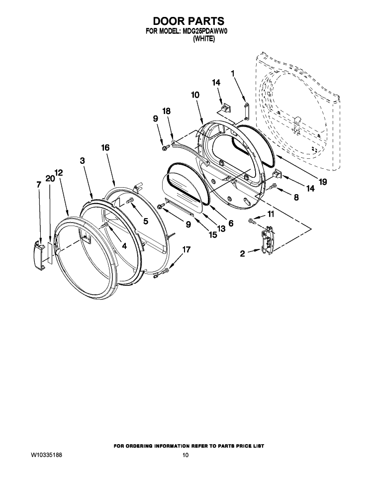 DOOR PARTS Diagram and Parts List for MDG25PDAWW0  Maytag Dryer