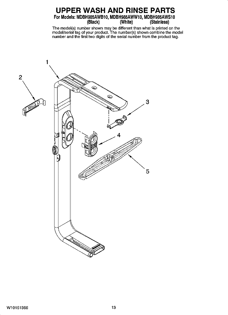 UPPER WASH AND RINSE PARTS, OPTIONAL PARTS (NOT INCLUDED) Diagram and Parts List for MDBH985AWW10  Maytag Dishwasher