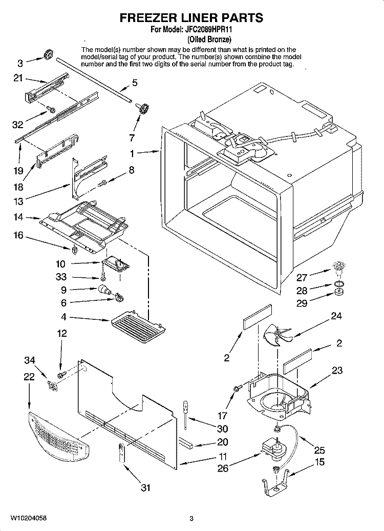 FREEZER LINER PARTS Diagram and Parts List for JFC2089HPR11  Jenn-Air Refrigerator