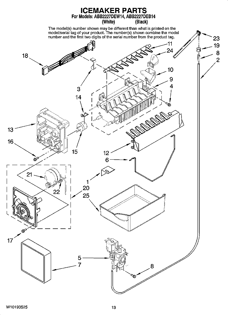 ICEMAKER PARTS, OPTIONAL PARTS (NOT INCLUDED) Diagram and Parts List for ABB2227DEB14  Amana Refrigerator