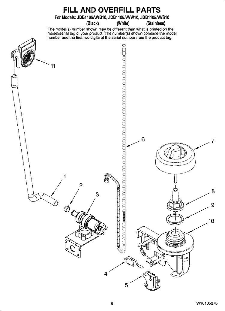 FILL AND OVERFILL PARTS Diagram and Parts List for JDB1105AWS10  Jenn-Air Dishwasher
