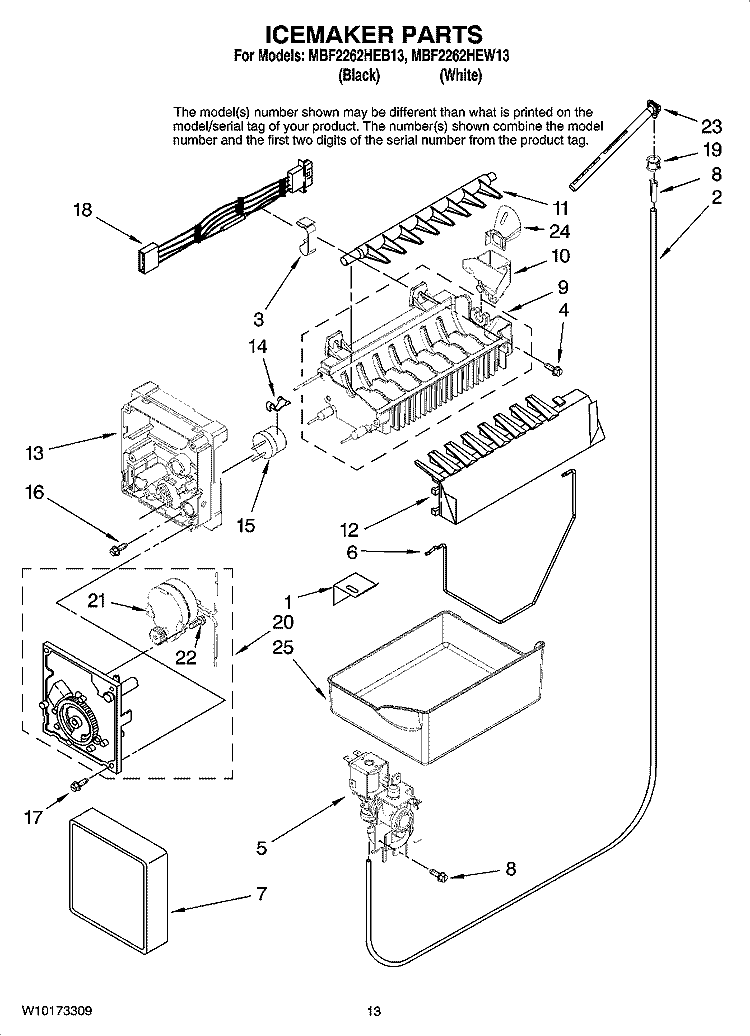 ICEMAKER PARTS, OPTIONAL PARTS Diagram and Parts List for MBF2262HEB13  Maytag Refrigerator