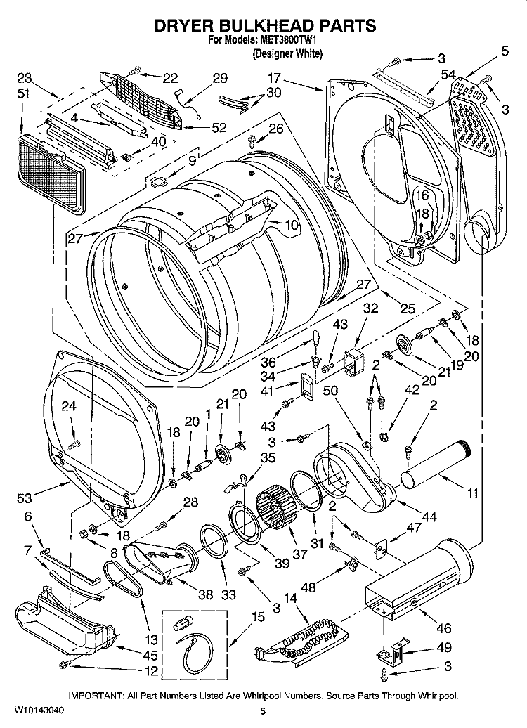 DRYER BULKHEAD PARTS Diagram and Parts List for MET3800TW1  Maytag Washer Dryer Combo