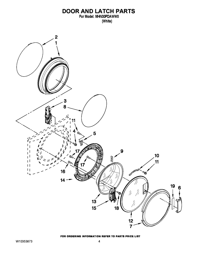 DOOR AND LATCH PARTS Diagram and Parts List for MHN30PDAWW0  Maytag Washer