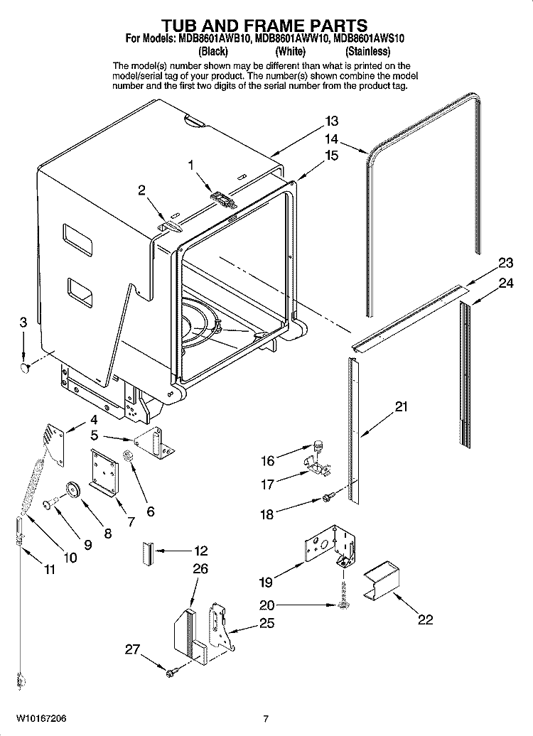 TUB AND FRAME PARTS Diagram and Parts List for MDB8601AWW10  Maytag Dishwasher