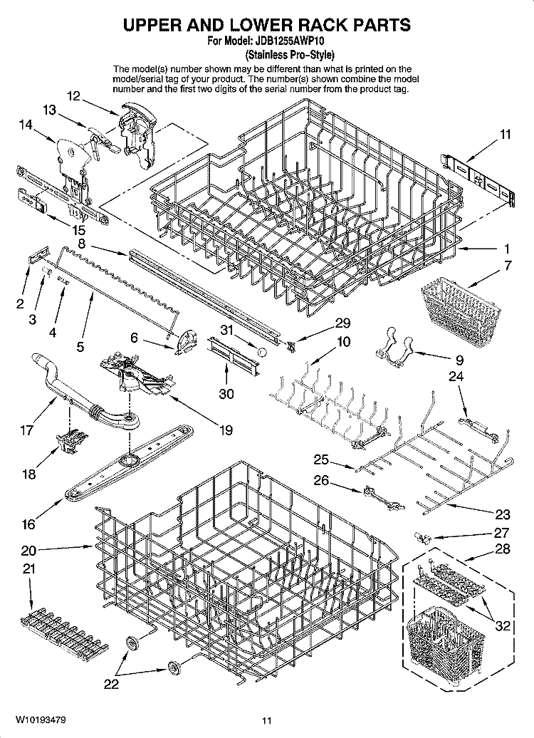 UPPER AND LOWER RACK PARTS Diagram and Parts List for JDB1255AWP10  Jenn-Air Dishwasher