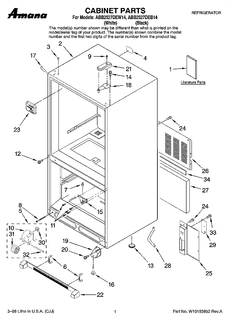 CABINET PARTS Diagram and Parts List for ABB2527DEW14  Amana Refrigerator